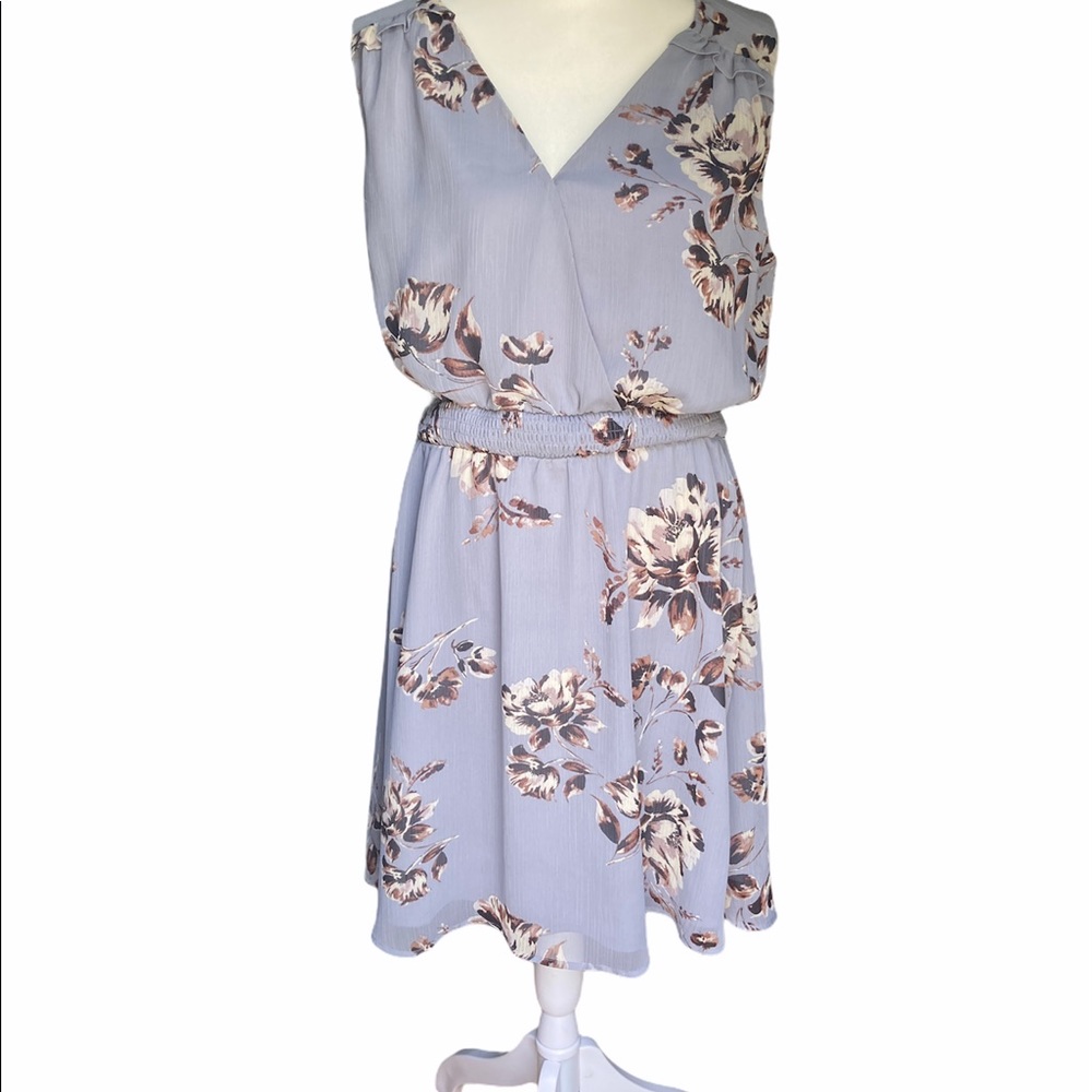 Gray dress with cream/brown flowers.
